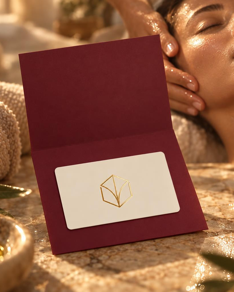 LADA Beauty spa gift card in a red envelope, woman enjoying a head massage behind it, Las Cruces, New Mexico