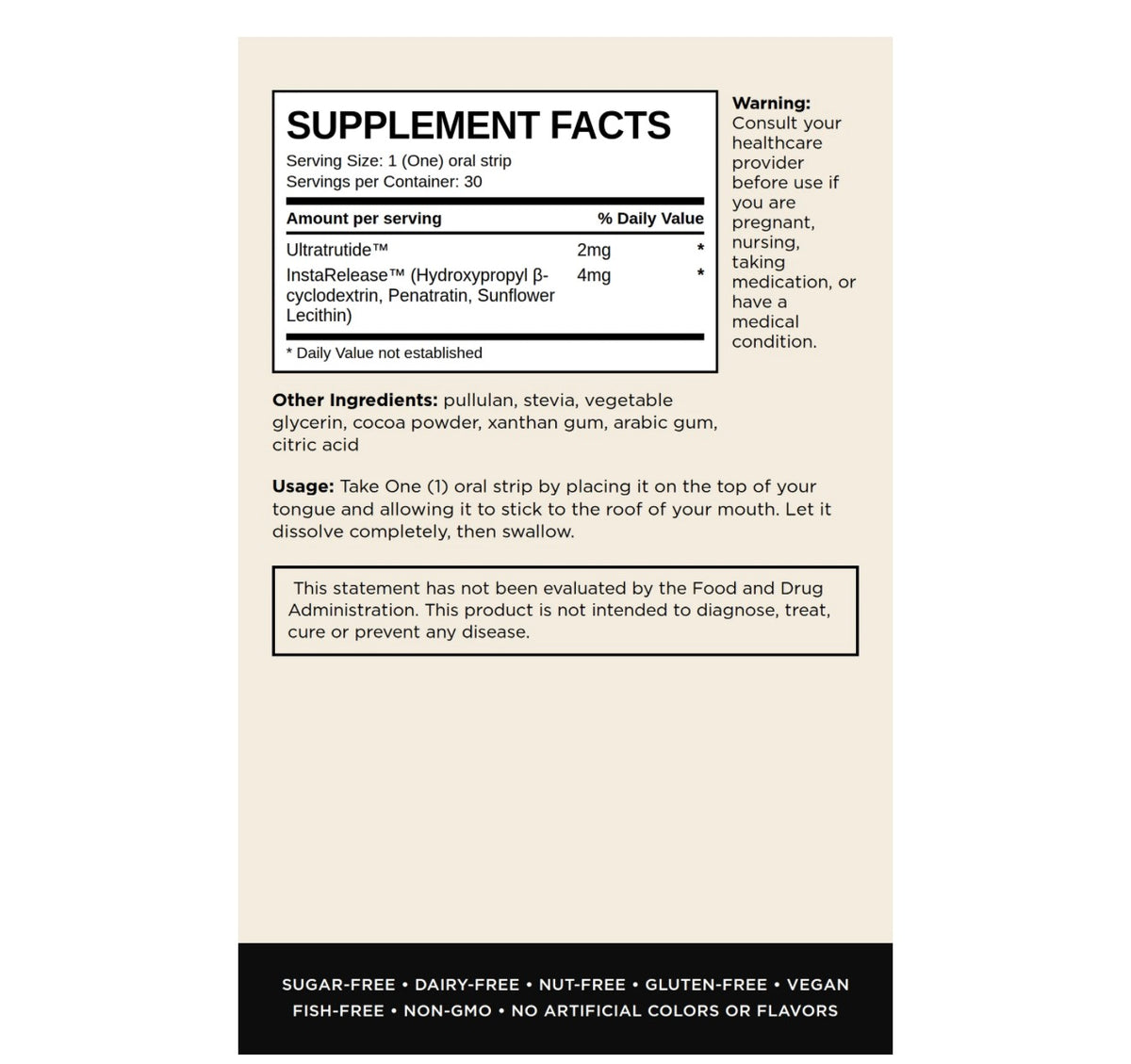 Oral strip Supplement Facts label, sugar-free, gluten-free and vegan, at LADA Beauty serving Las Cruces, NM and El Paso, TX