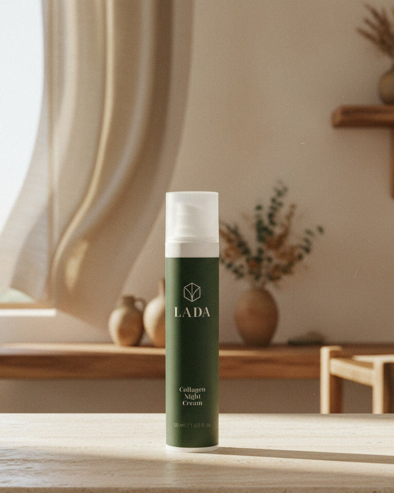 LADA Collagen Night Cream in a green bottle with a white cap on a wooden surface, anti-aging skincare from LADA Beauty in Las Cruces, NM