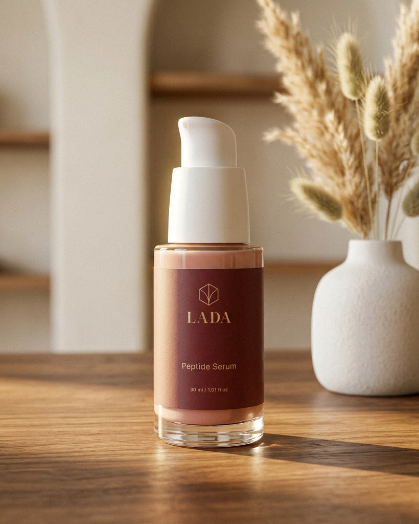 LADA Peptide Serum bottle on a wooden surface beside dried plants, at the LADA Beauty studio in Las Cruces