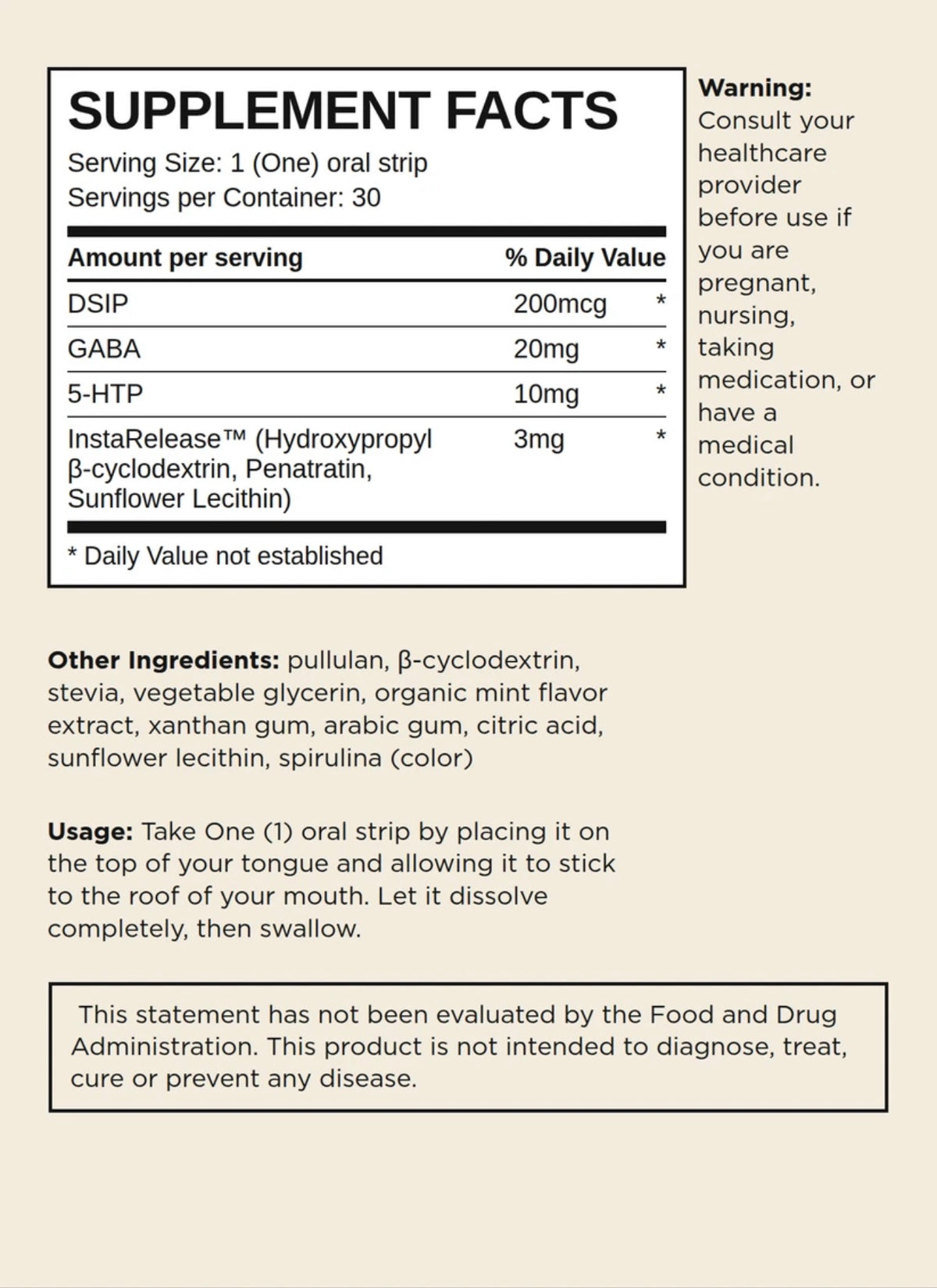 Oral strip Supplement Facts with DSIP, GABA and 5-HTP, at LADA Beauty serving Las Cruces, NM and El Paso, TX