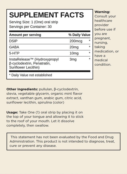Oral strip Supplement Facts with DSIP, GABA and 5-HTP, at LADA Beauty serving Las Cruces, NM and El Paso, TX