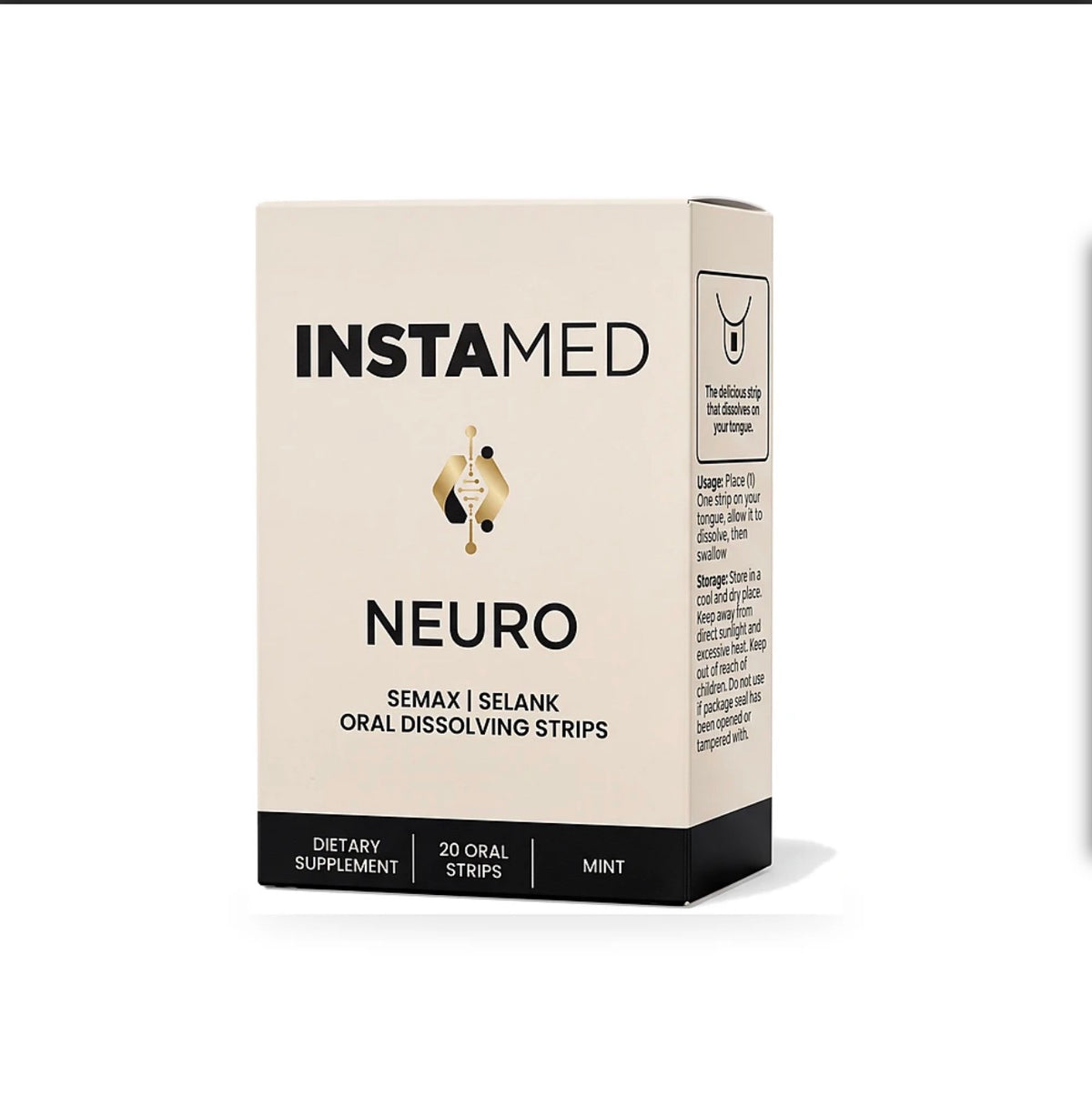 Instamed Neuro mint oral dissolving strips box with gold logo, at LADA Beauty serving Las Cruces, NM