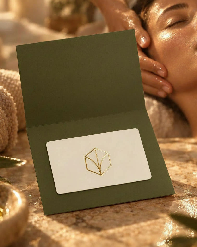 LADA Beauty spa gift card in an olive green envelope, woman enjoying a head massage behind it, Las Cruces, New Mexico