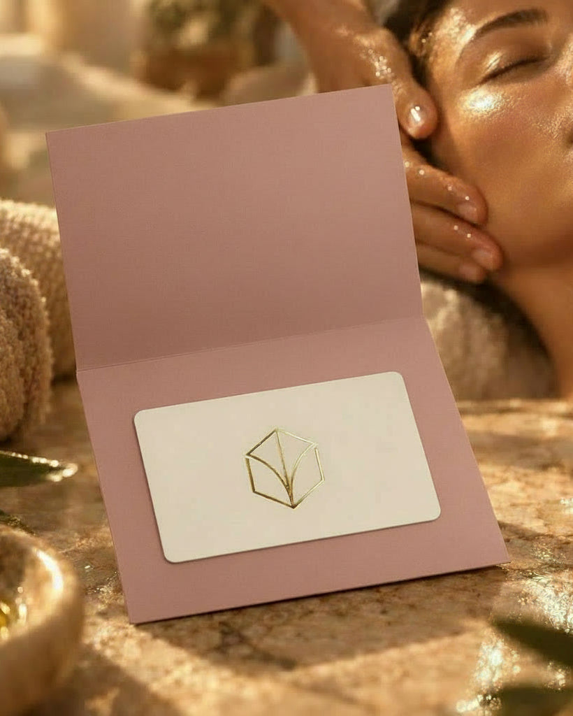 LADA Beauty spa gift card in a pink envelope, woman enjoying a head massage behind it, Las Cruces, New Mexico