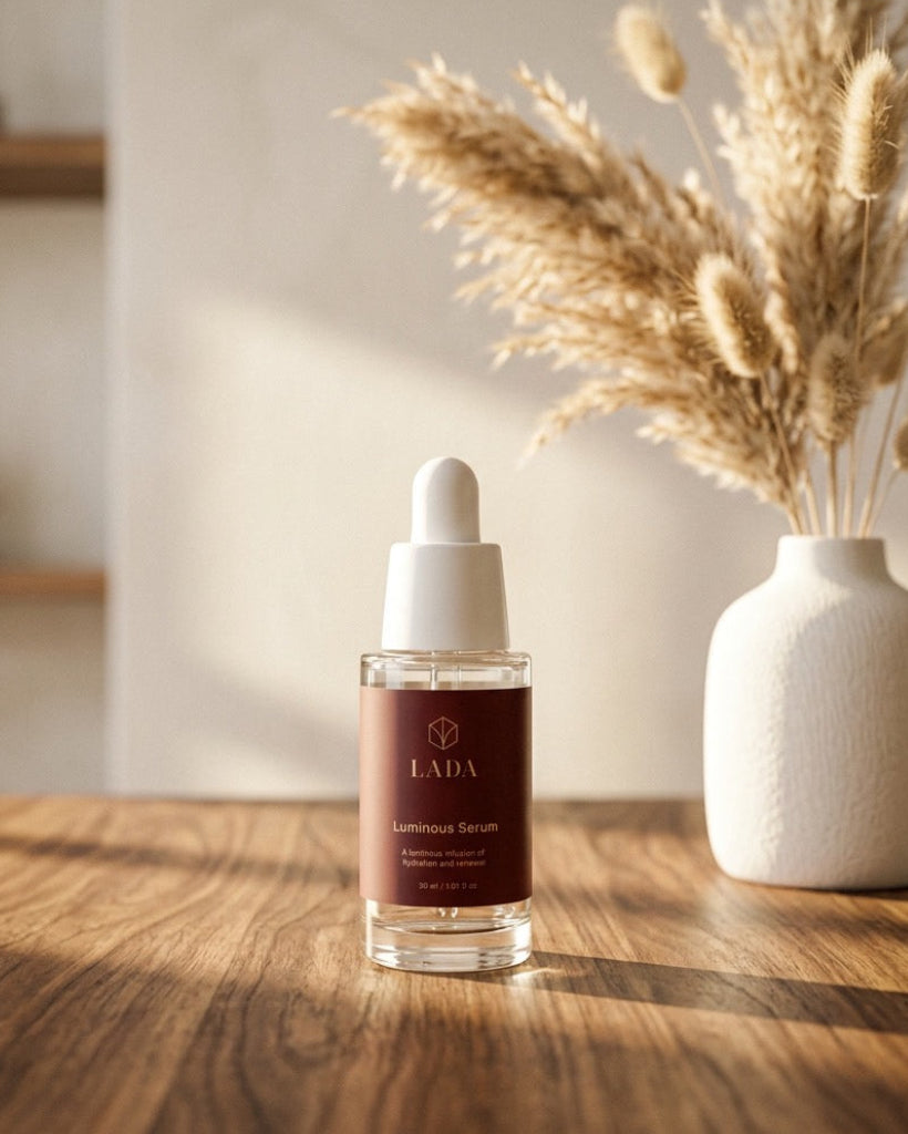 LADA Beauty Luminous Serum dropper bottle by a vase of dried pampas grass, skincare for Las Cruces, NM and El Paso, TX