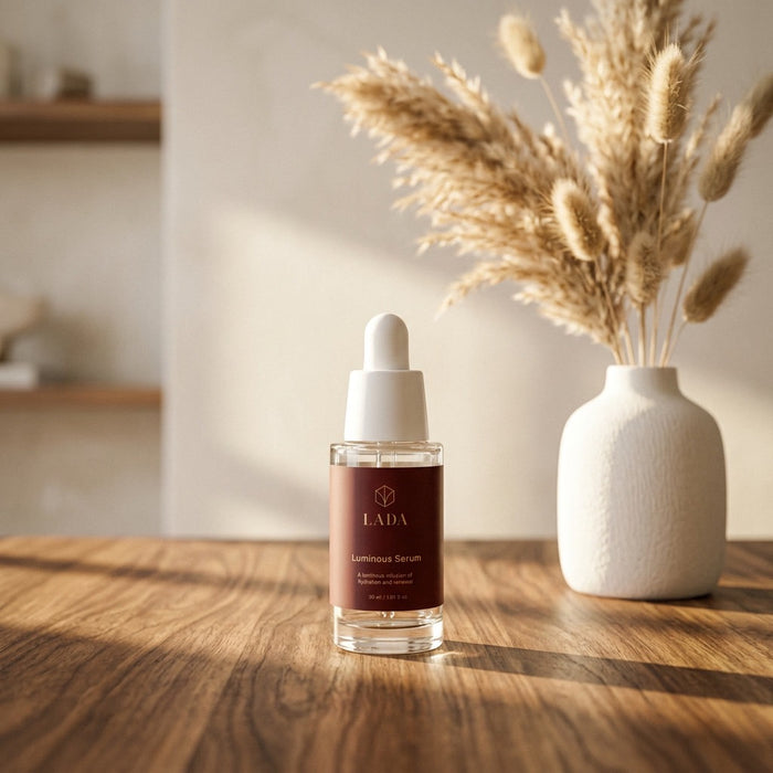 LADA Beauty Luminous Serum dropper bottle by a vase of dried pampas grass, skincare for Las Cruces, NM and El Paso, TX