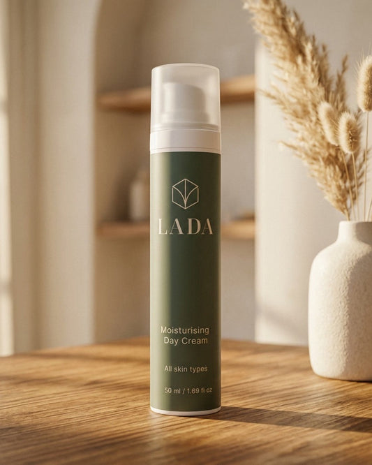 LADA Beauty Moisturising Day Cream, olive green pump bottle by dried grasses, skincare for Las Cruces, NM and El Paso, TX