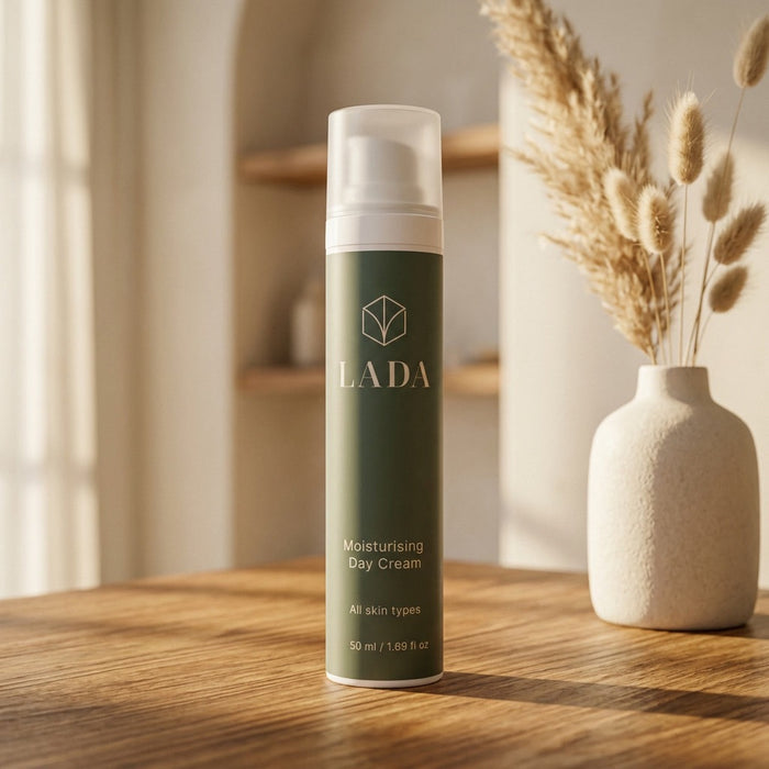 LADA Beauty Moisturising Day Cream, olive green pump bottle by dried grasses, skincare for Las Cruces, NM and El Paso, TX