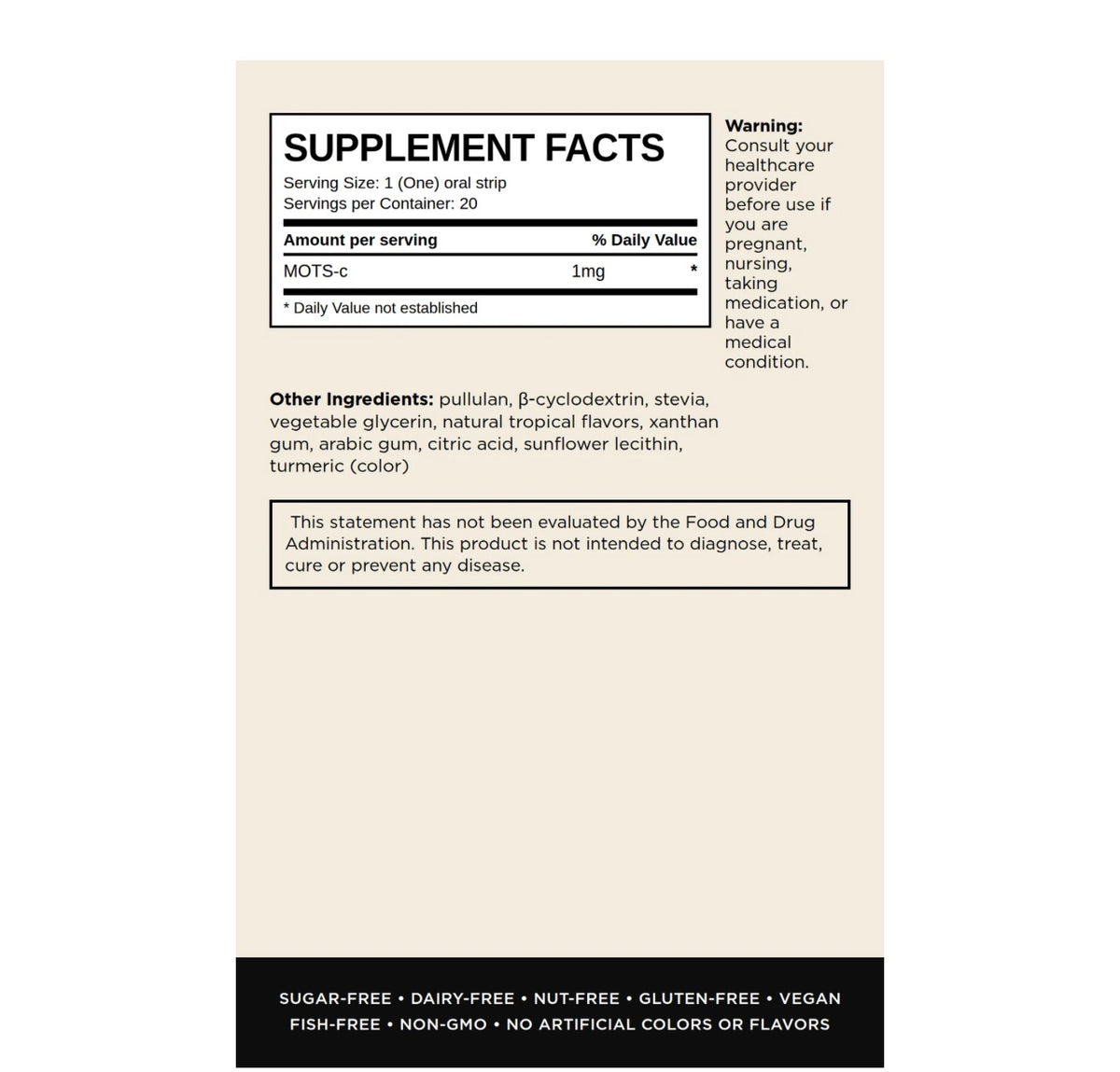 Tropical oral strip Supplement Facts label with stevia and turmeric, at LADA Beauty serving Las Cruces, NM and El Paso, TX