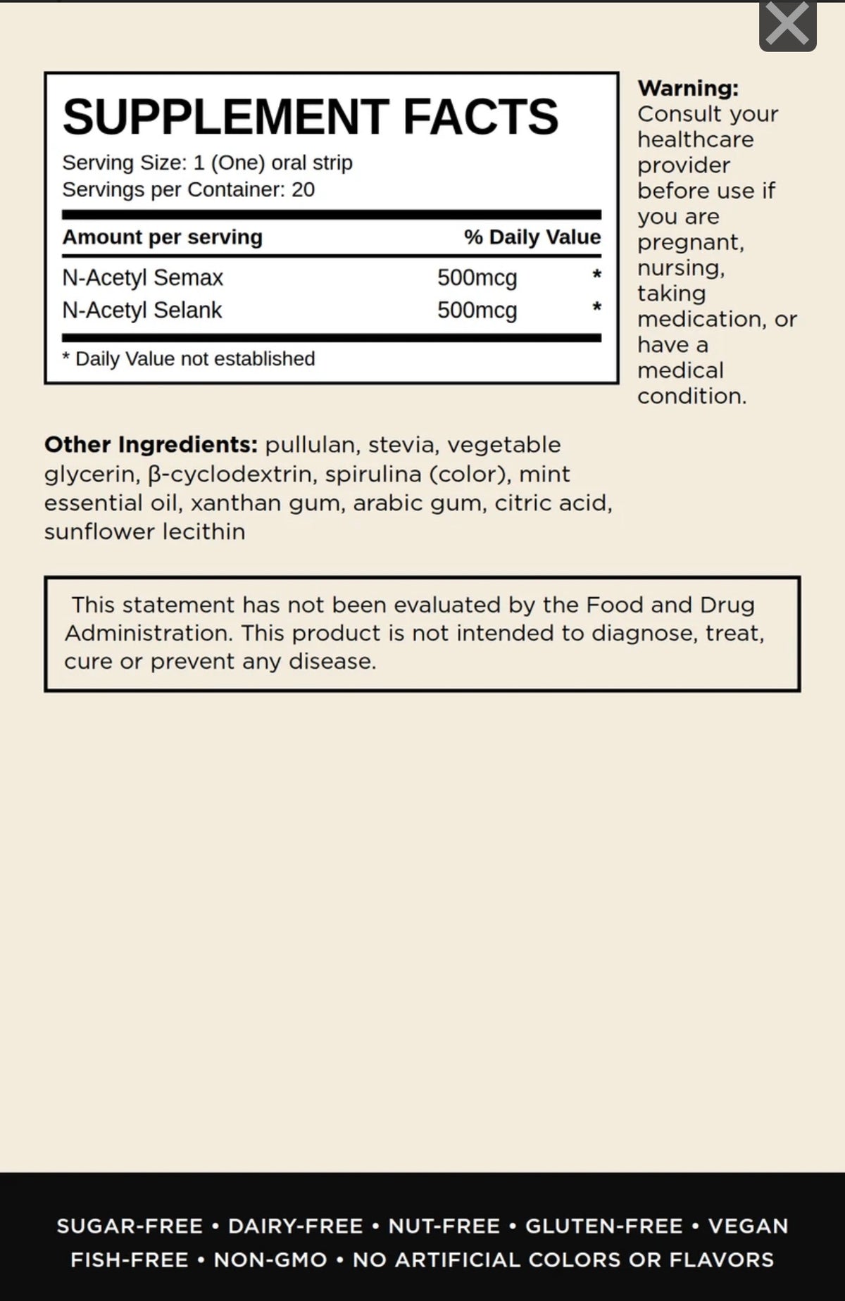Supplement facts label for N-Acetyl Semax and N-Acetyl Selank oral strips, showing serving size, daily value, ingredients, and warnings on a beige background.