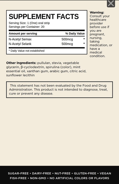 Supplement facts label for N-Acetyl Semax and N-Acetyl Selank oral strips, showing serving size, daily value, ingredients, and warnings on a beige background.