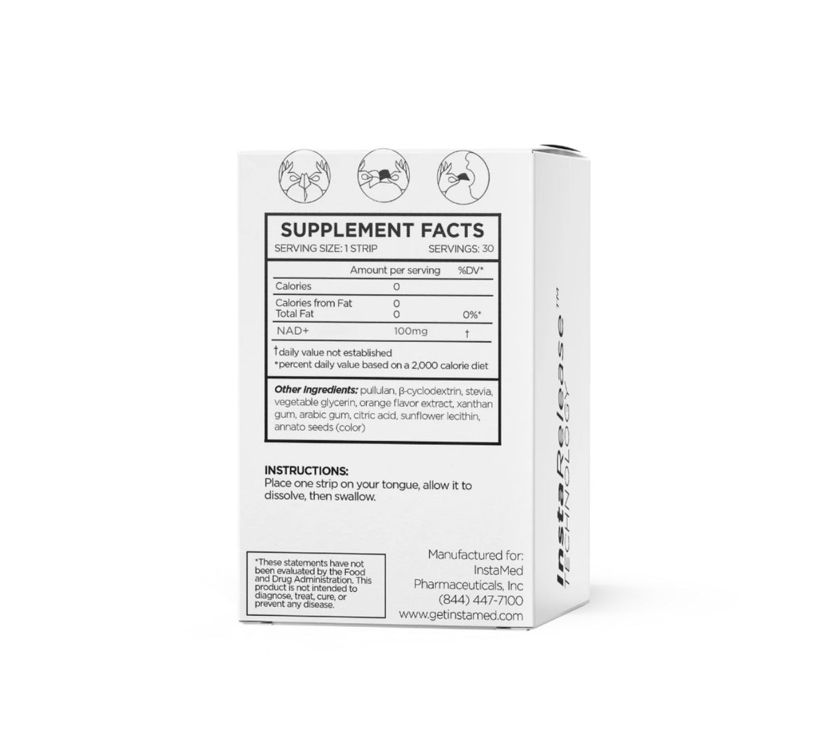 Back of white Instamed supplement box with Supplement Facts and usage icons, from LADA Beauty, serving El Paso, TX
