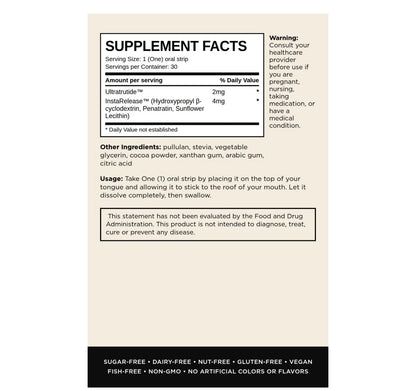 Oral strip Supplement Facts label, sugar-free, gluten-free and vegan, at LADA Beauty serving Las Cruces, NM and El Paso, TX