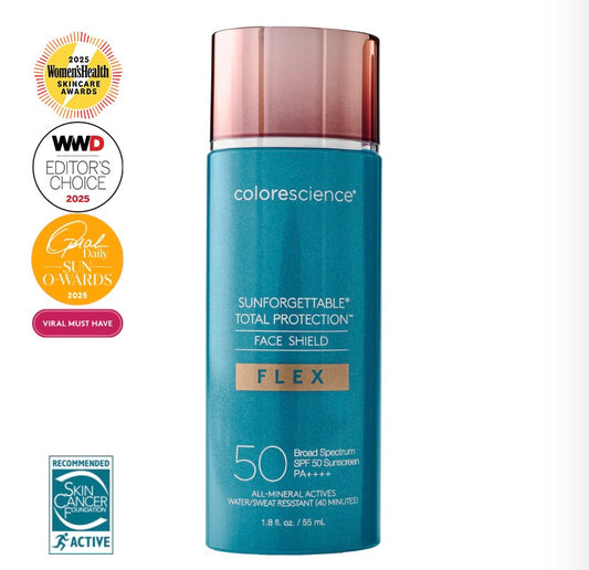 Colorescience Sunforgettable Total Protection Face Shield Flex SPF 50 with awards, at LADA Beauty in Las Cruces, NM