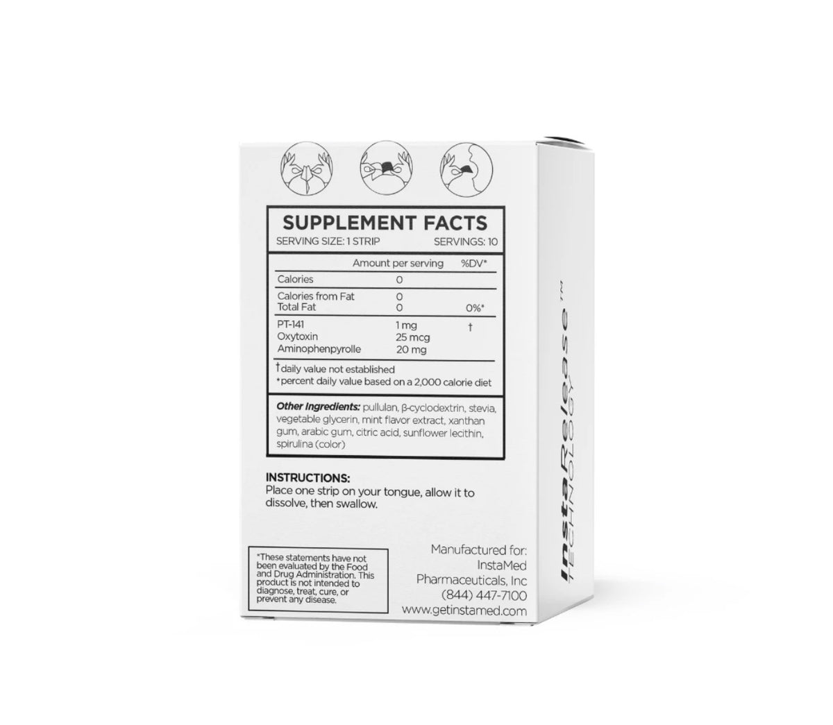 Back of Instamed PT-141+ box with Supplement Facts listing PT-141 and oxytocin, available at LADA Beauty near El Paso
