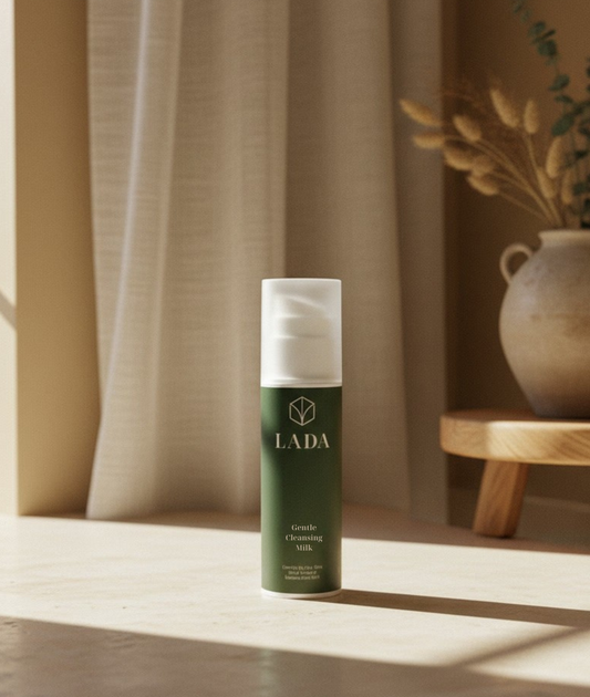 LADA Cleansing Milk bottle on a wooden surface with a vase and plant in the background, gentle face cleanser from LADA Beauty in Las Cruces, NM