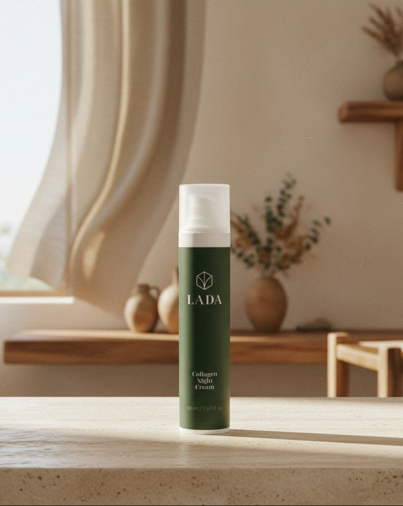 LADA Collagen Night Cream in a green bottle with a white cap on a wooden surface, anti-aging skincare from LADA Beauty in Las Cruces, NM
