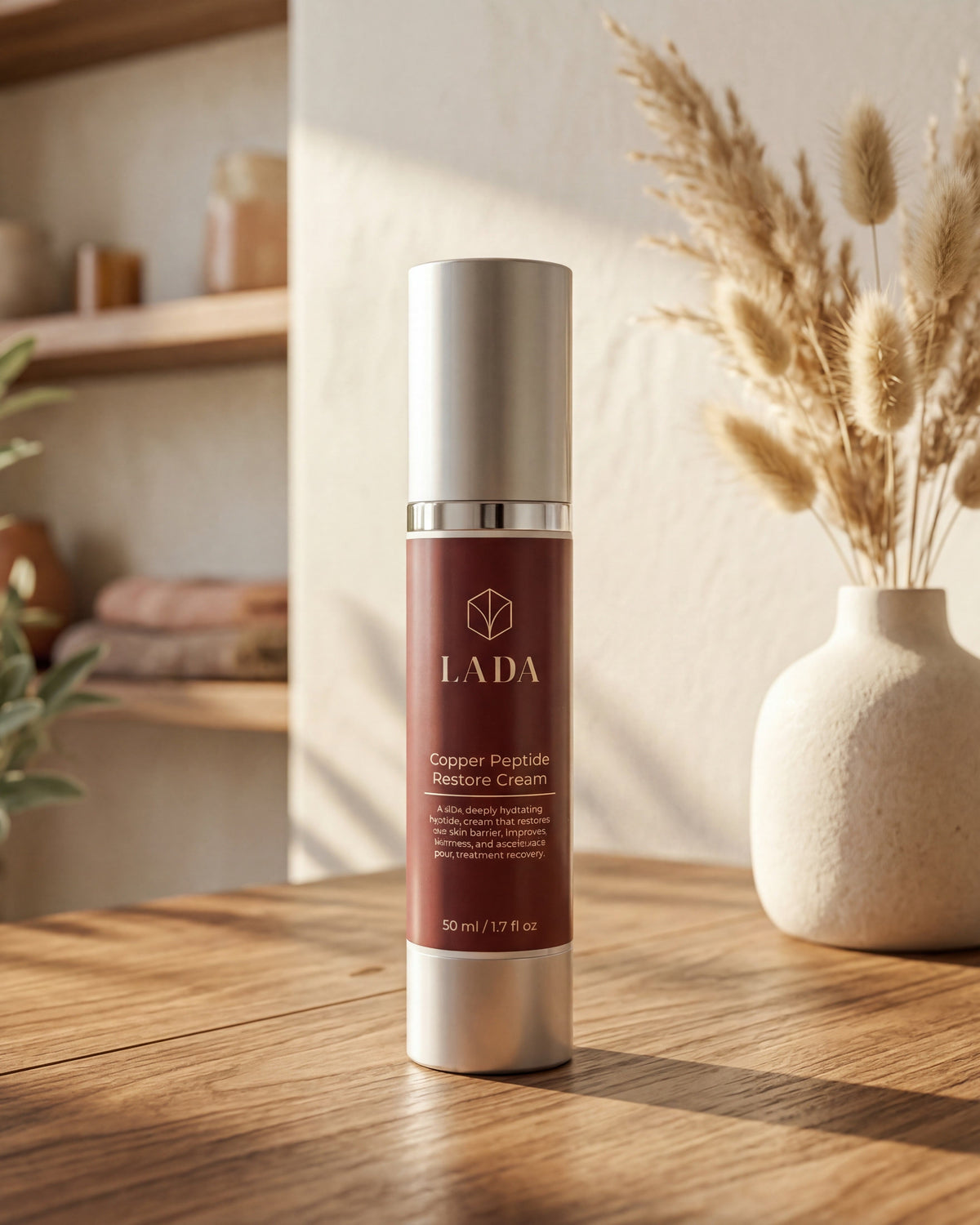 LADA Copper Peptide Restore Cream bottle on a wooden surface, holistic skincare in Las Cruces, NM