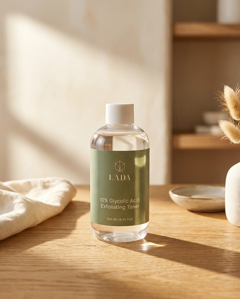 LADA 10% Glycolic Acid Toner bottle on a wooden surface with a vase and towel, at LADA Beauty in Las Cruces, NM