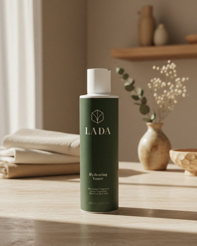 LADA Hydrating Toner bottle on a wooden surface with a neutral background, holistic skincare in Las Cruces, NM