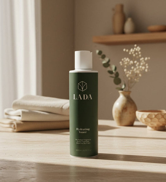 LADA Hydrating Toner bottle on a wooden surface with a neutral background, holistic skincare in Las Cruces, NM