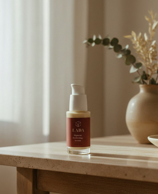 LADA Pigment Perfecting Serum bottle on a wooden table with a vase and plant in the background, skincare for dark spots in Las Cruces, NM