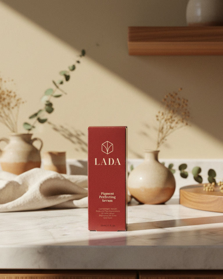 LADA Pigment Perfecting Serum box on a marble surface with decorative items, hyperpigmentation serum from LADA Beauty serving El Paso, TX